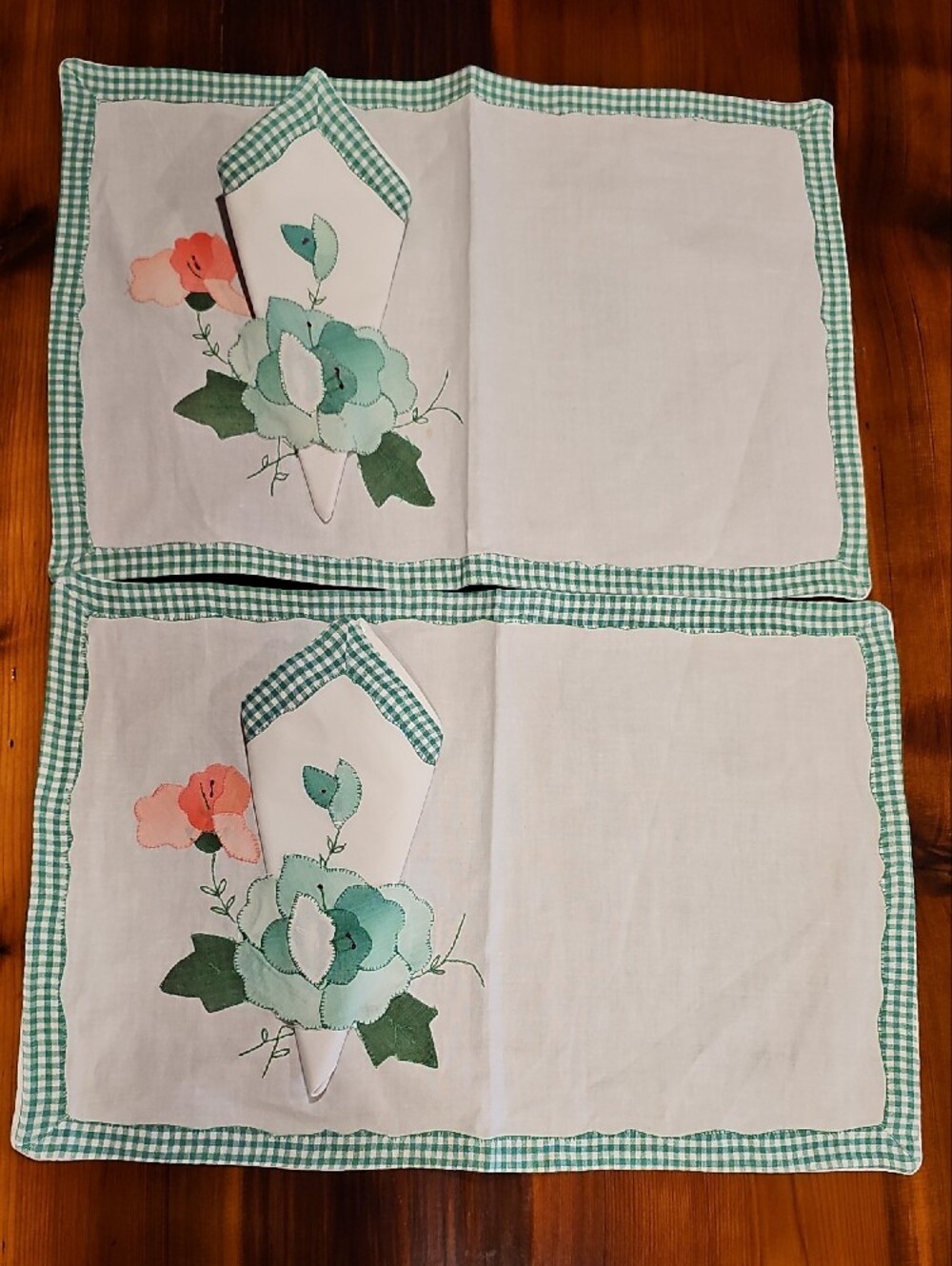 Green Floral Embroidered Table Linens with Gingham Trim